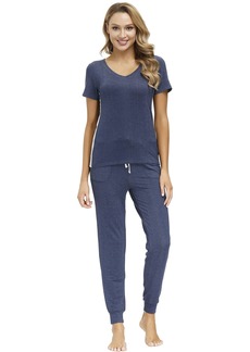 ECHO Lounge Set for Women-Knit Short Sleeve V-Neck Tee and Sweat Pant w/Pockets Soft Breathable Jogger 2 Piece Sweatsuit  M