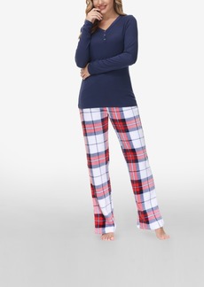 Echo Women's Henley Top with Microlight Lounge Pant Set, 2 Piece - White Val Plaid