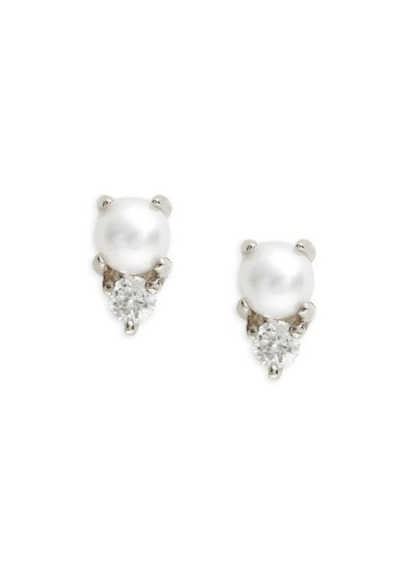 EF Collection Core 14K White Gold, 1MM Freshwater Pearl & Diamond Birthstone Stud Earrings