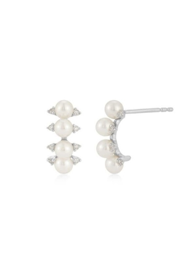 EF Collection Core 14K White Gold, 3MM Pearl & Diamond Arc Stud Earrings