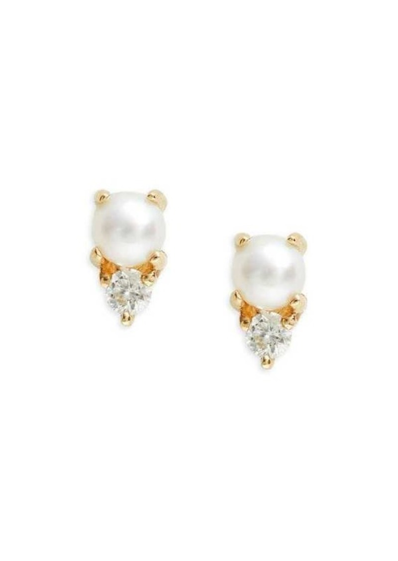 EF Collection Core 14K Yellow Gold, 1MM Freshwater Pearl & Diamond Birthstone Stud Earrings