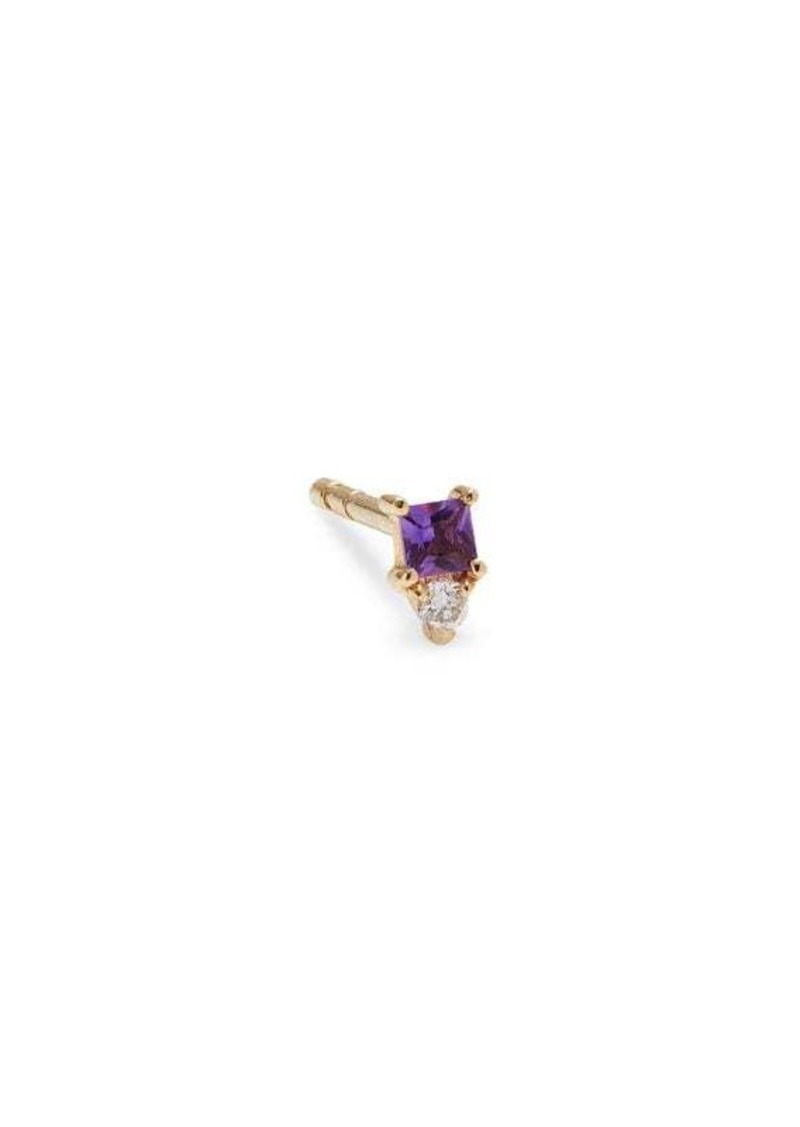 EF Collection Core 14K Yellow Gold, Amethyst & Diamond Single Mini Birthstone Stud Earring