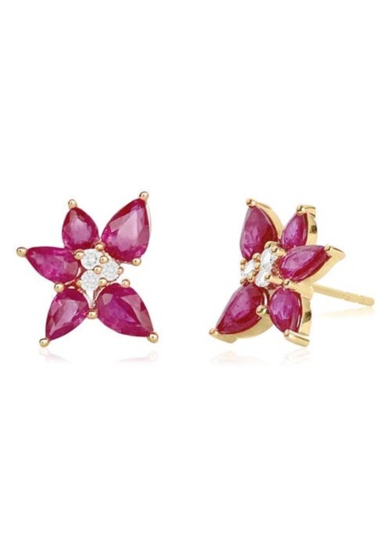 EF Collection Diamond Trio & Ruby Cluster Stud Earrings