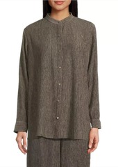 Eileen Fisher Band Collar Plisse Button-Up Shirt