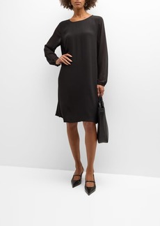 Eileen Fisher Blouson-Sleeve Georgette Crepe Shift Dress