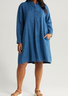 Eileen Fisher Band Collar Long Sleeve Organic Linen Shirtdress
