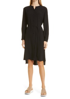 Eileen Fisher Band Collar Long Sleeve Silk Button-Up Shirtdress in Black at Nordstrom
