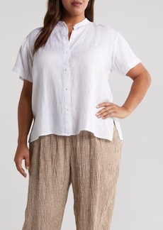 Eileen Fisher Band Collar Short Sleeve Organic Linen Button-Up Shirt