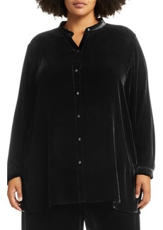 Eileen Fisher Band Collar Velvet Longline Button-Up Shirt