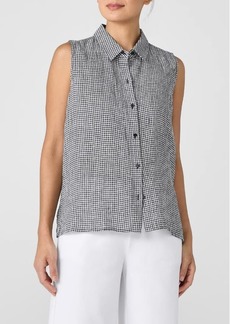 Eileen Fisher Classic Gingham Sleeveless Organic Linen Button-Up Shirt