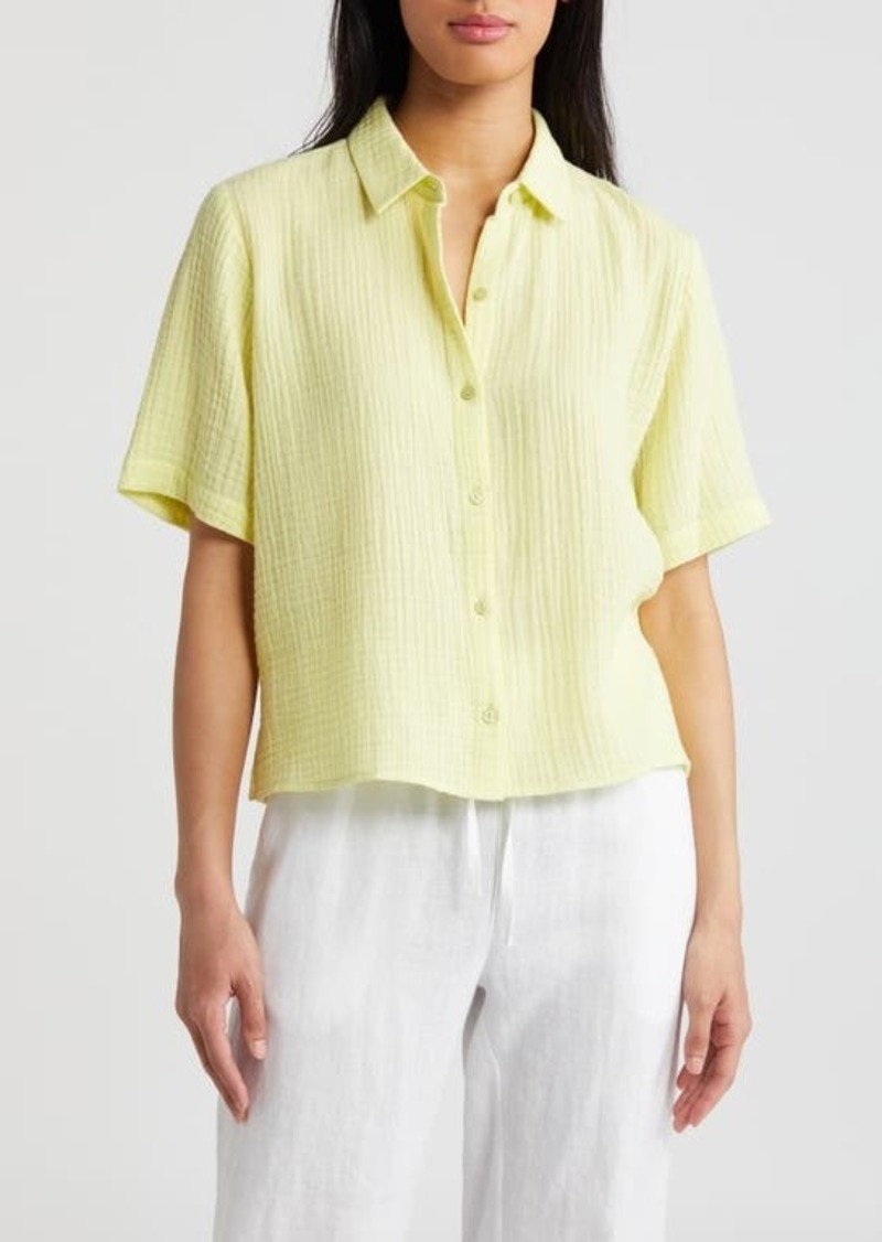 Eileen Fisher Classic Short Sleeve Organic Cotton Gauze Button-Up Shirt