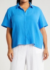 Eileen Fisher Classic Short Sleeve Organic Cotton Gauze Button-Up Shirt