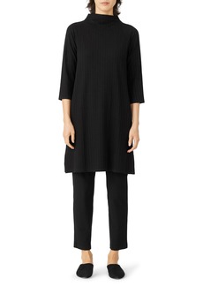 Eileen Fisher Funnel Neck Three-Quarter Sleeve Shift Dress in Black at Nordstrom