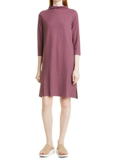 Eileen Fisher Funnel Neck Three-Quarter Sleeve Shift Dress in Fig at Nordstrom
