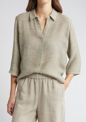 Eileen Fisher Jacquard Organic Linen Blend Button-Up Shirt