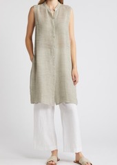 Eileen Fisher Long Sleeveless Linen Blend Button-Up Shirt