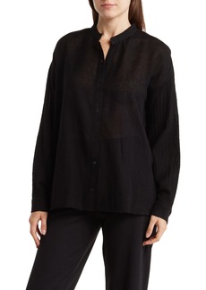 Eileen Fisher Mandarin Collar Long Sleeve Wool Shirt in Black at Nordstrom Rack