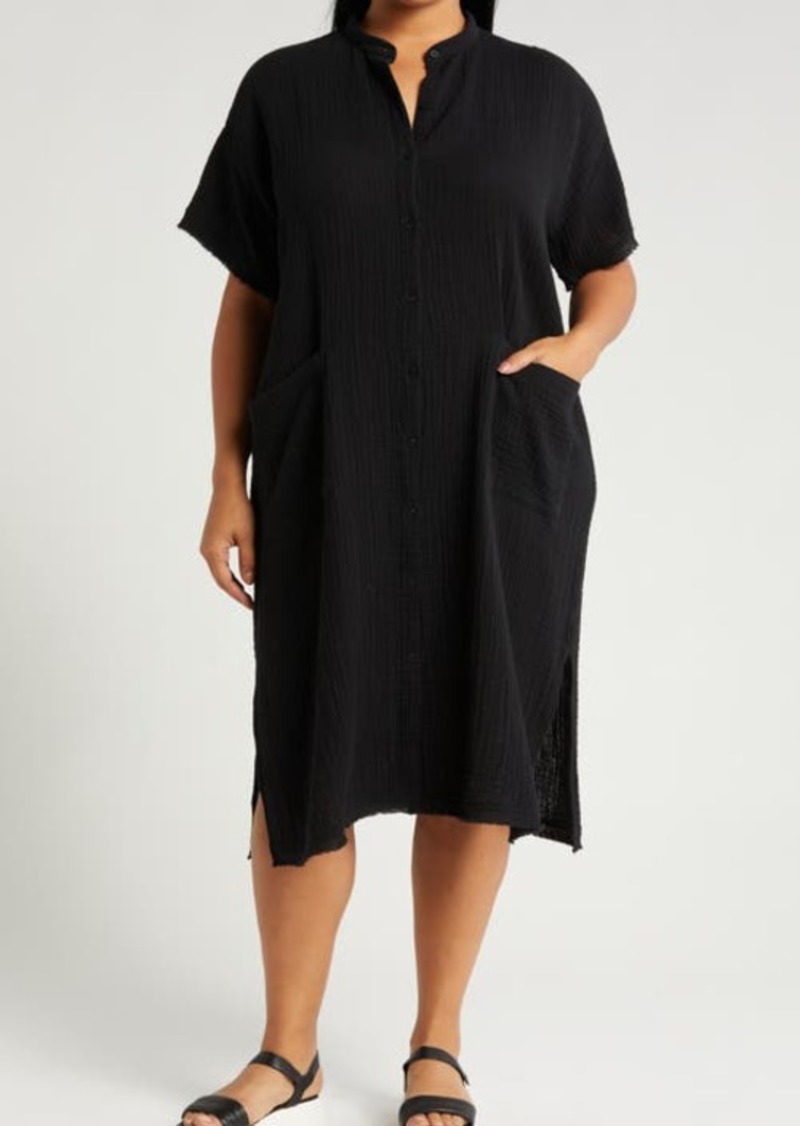 Eileen Fisher Mandarin Collar Organic Cotton Midi Shirtdress