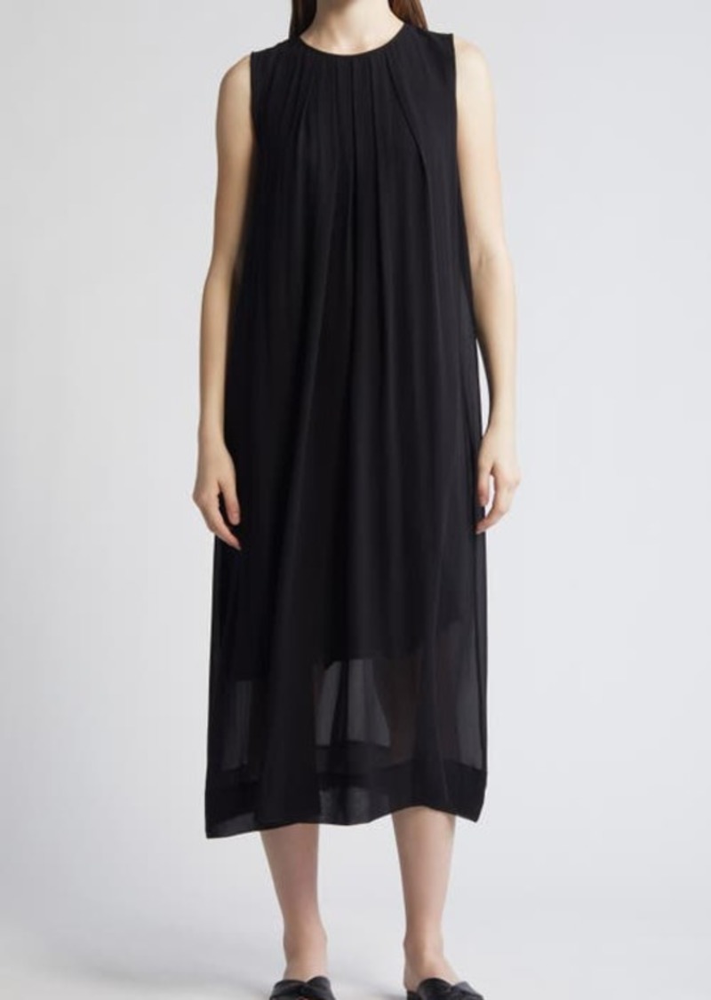 Eileen Fisher Pleated Jewel Neck Silk Midi Shift Dress