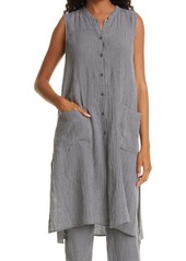 Eileen Fisher Pucker Check Organic Linen Button-Up Tunic in Moon at Nordstrom