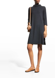 Eileen Fisher Funnel-Neck 3/4-Sleeve Ribbed Dress