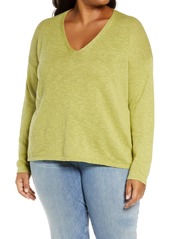 Plus Size Women's Eileen Fisher V-Neck Boxy Organic Cotton & Linen Sweater