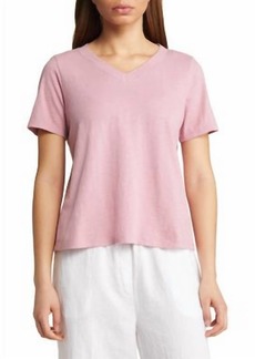 Eileen Fisher Slubby Organic Cotton Jersey V-Neck Short Sleeve Shirt In Magnolia