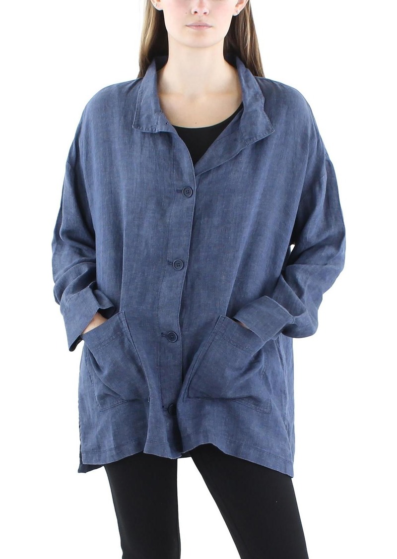 Eileen Fisher Womens Collared 100% Linen Denim Jacket