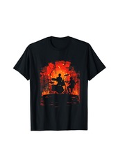 Electric Guitar and Drum Musician Band Performance Flame Design T-Shirt