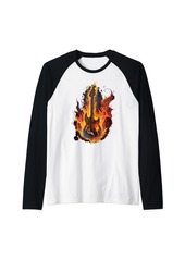 Electric Outlined Fire Guitar with yellow and red flames and smoke Raglan Baseball Tee