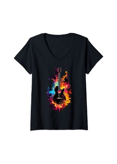 Electric Womens Acoustic Guitar Band Rock Design Colorful Flames and smoke V-Neck T-Shirt
