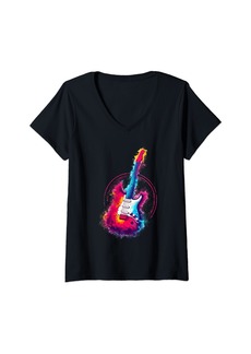 Womens Colorful Electric Guitar Guitarist Musician Music V-Neck T-Shirt