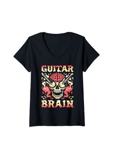 Womens Electric Guitar Skull E Guitarist - Guitar Electric Brain V-Neck T-Shirt