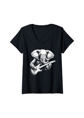 Womens Elephant Playing Electric Guitar Rock Star Guitarist V-Neck T-Shirt