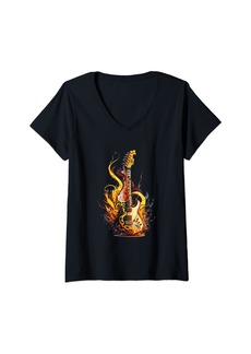 Electric Womens Fiery Melody: A Guitar’s Passionate Dance with Flames V-Neck T-Shirt