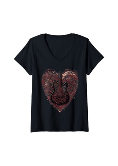 Electric Womens Guitar Heartbeat: an Heart Shape Design for Festival Rock V-Neck T-Shirt