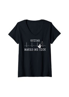 Womens Guitar Makes Me Tick Electric Guitarist Heart Rate Musician V-Neck T-Shirt