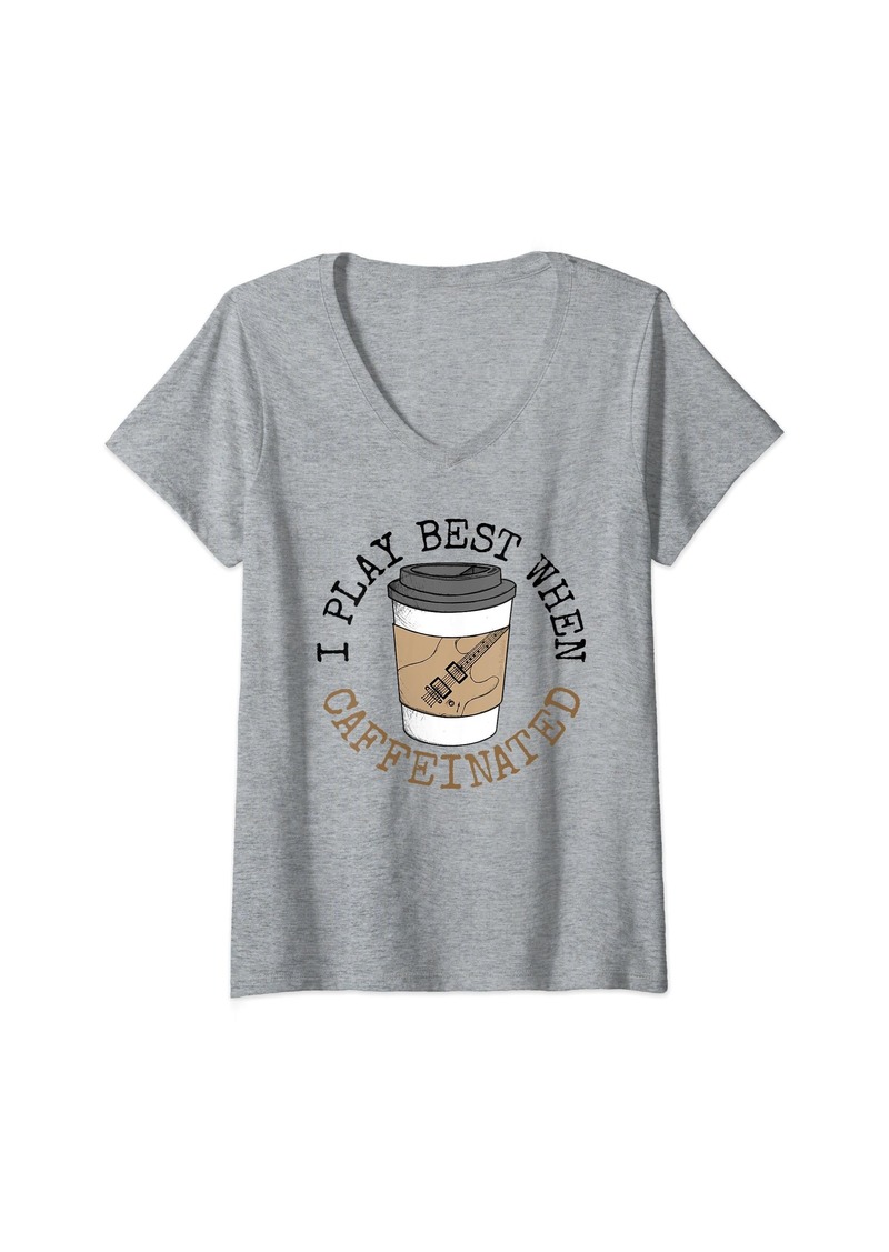 Womens I Play Best When Caffeinated Electric Guitarist Coffee Funny V-Neck T-Shirt
