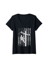 Womens Lineman American Flag Distressed Patriotic Electric Cable V-Neck T-Shirt