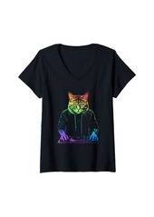 Electric Womens Neo Cat DJ Funny Music Lover Kitty EDM Rave Party Product V-Neck T-Shirt