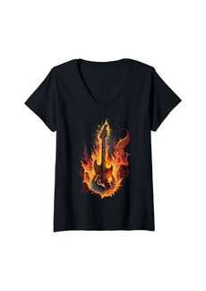 Electric Womens Outlined Fire Guitar with yellow and red flames and smoke V-Neck T-Shirt