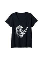 Womens Wolf Playing Electric Guitar Rock Star Guitarist V-Neck T-Shirt