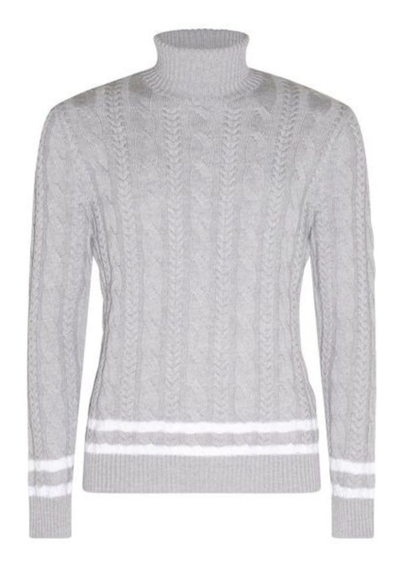 ELEVENTY LIGHT GREY AND WHITE VIRGIN WOOL STRIPE CABLE KNIT SWEATER