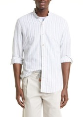 Eleventy Stripe Mandarin Collar Cotton & Linen Shirt