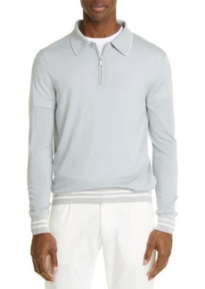 Eleventy Tipped Long Sleeve Merino Wool & Silk Zip Polo Sweater