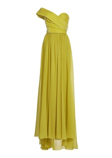 Elie Saab - Asymmetric Silk And Velvet Gown - Yellow - FR 40 - Moda Operandi