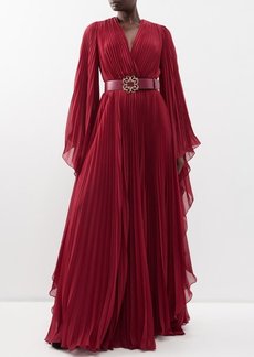 Elie Saab - Belted Pleated-georgette Gown - Womens - Burgundy