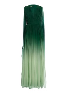 Elie Saab - Cape-Detailed Ombre Silk Dress - Turquoise - FR 34 - Moda Operandi