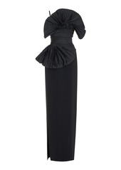 Elie Saab - Fan-Detailed Taffeta Crepe Maxi Dress - Black - FR 40 - Moda Operandi