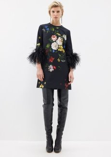 Elie Saab - Feather-trim Floral-print Crepe Mini Dress - Womens - Black Multi